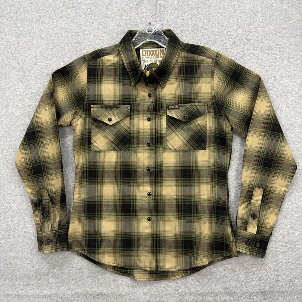 Dixxon Flannel Shirt Women Small Green Black Tan Plaid Pearl Snap Platoon D Tech